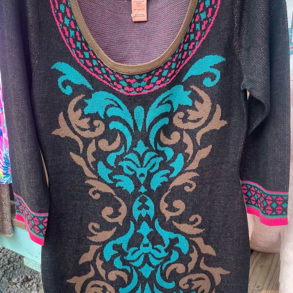 Flying Tomato Black and Blue Crew Neck Sweater Mini dress  with Ornate Pattern